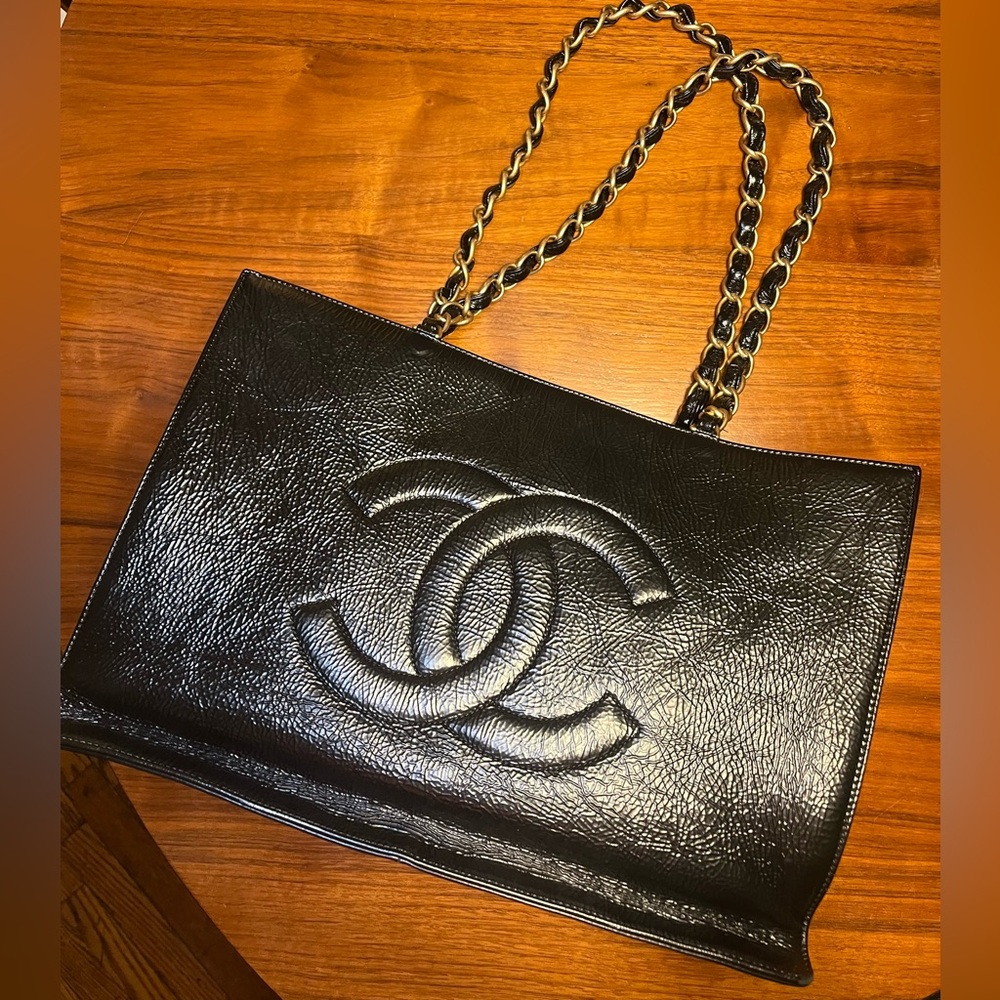 Chanel Timeless CC Chain Shopping Tote Shiny Aged Calfskin Large Black